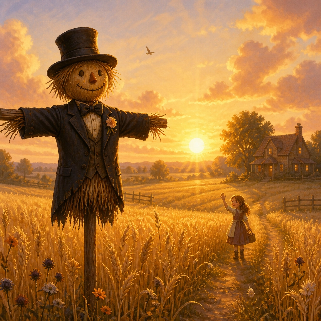 Sunrise over the farm where the scarecrow stands with a flower in his lapel