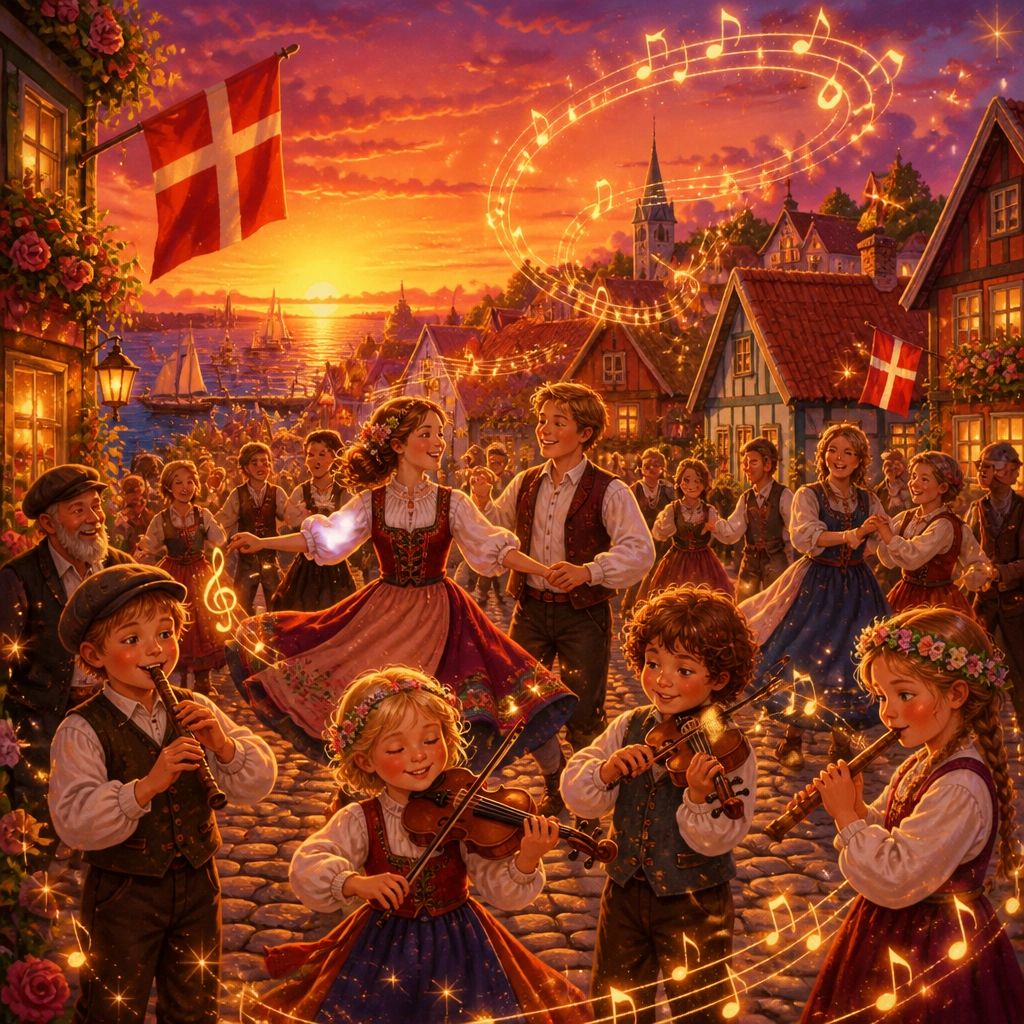 En kæmpe fest i landsbyen hvor alle danser og musikken er synlig som gyldne gnister i luften