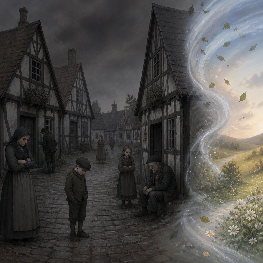 En illustration af den tavse landsby i grå nuancer, hvor folk ser modløse ud i de stille gader